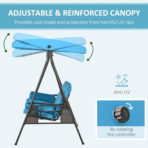 Outsunny 3-Seat Patio Swing Chair, Outdoor Porch Swing Glider with Adjustable Canopy, Removable Cushion, Pillows and Side Trays, for Garden, Poolside, Backyard, Brown