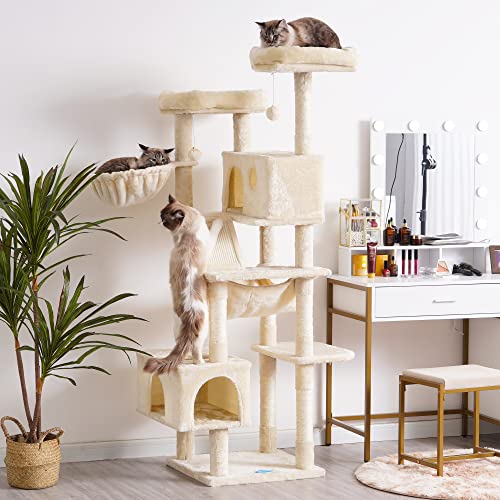 Hey-brother Cat Tree, XL Cozy Cat Tower, 69 Inch Tall Cat Condo with Hammock, Basket, Scratching Posts, 2 Large Cat Caves, 2 Plush Perches, Stable Cat Activity Center, Light Gray MPJ033W