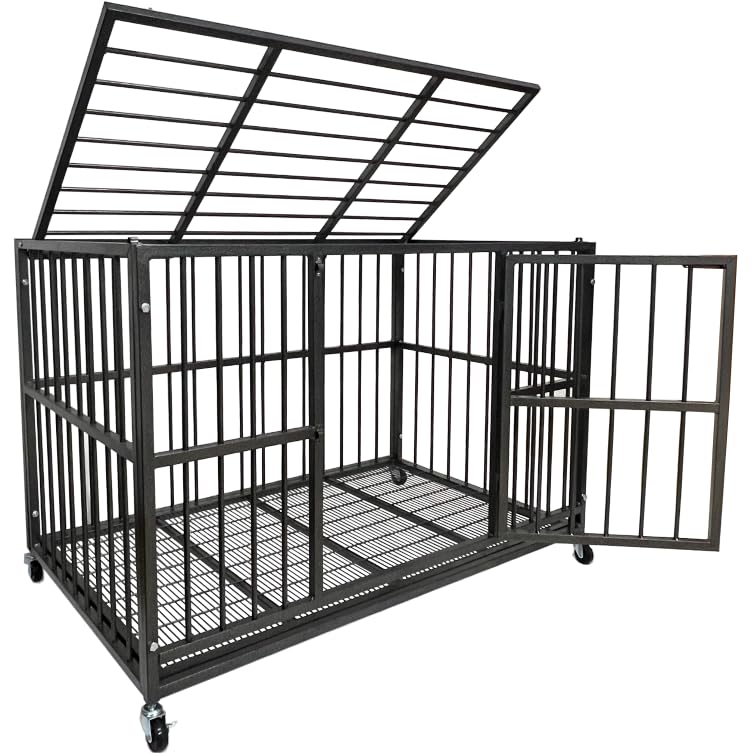 54/48/42/38 inch Heavy Duty Indestructible and Escape-Proof Dog Crate Cage Kennel for Large Dogs, High Anxiety Dog Crate with Removable Wire Trays and Wheels, Extra Large XL XXL