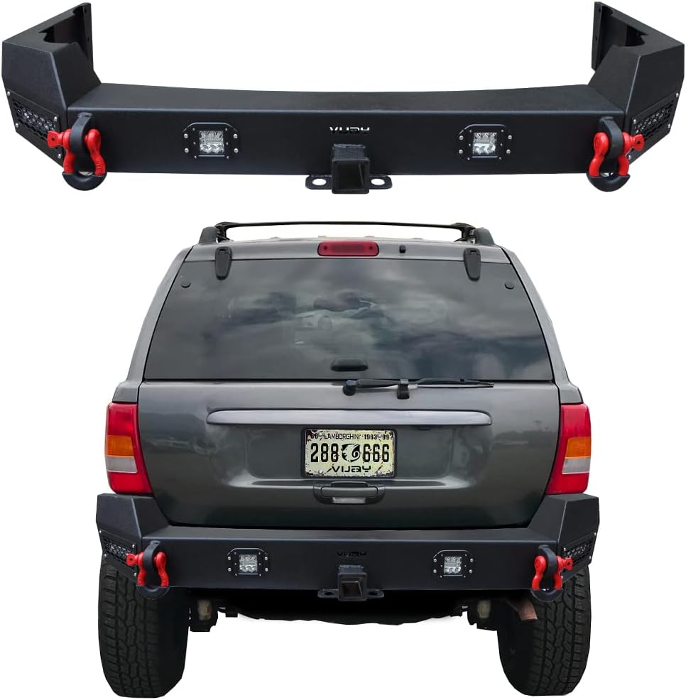 Ronghui WJ Textured Black Steel Rear Bumper with Spare tire rack and 2'' Hitch Receiver Compatible with 1999-2000-2001-2002-2003-2004 Grand Cherokee WJ