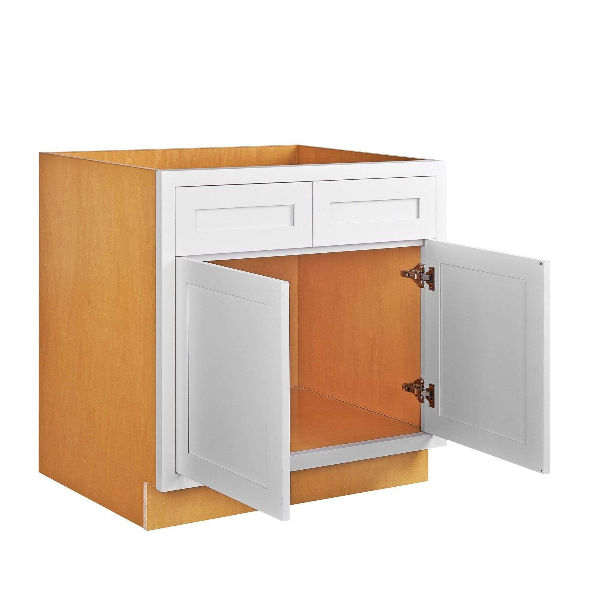 RTA Wholesalers 33 inch Wide Sink Base Kitchen Cabinet Snow White Inset Shaker - Double Door with False Front Drawer - Unassembl