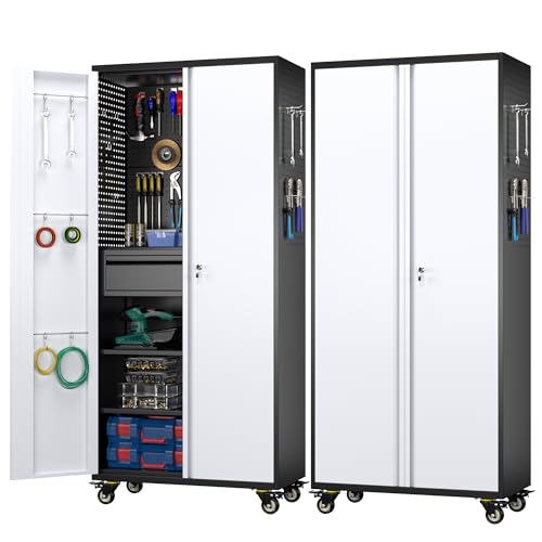 Aobabo 71" H×34" W×18" D Garage Metal Storage Cabinet with Wheels, Locking Steel Storage Cabinet with 5 Shelves and 4 Hooks, for Home Office, School, Assembly Required, Black Silver