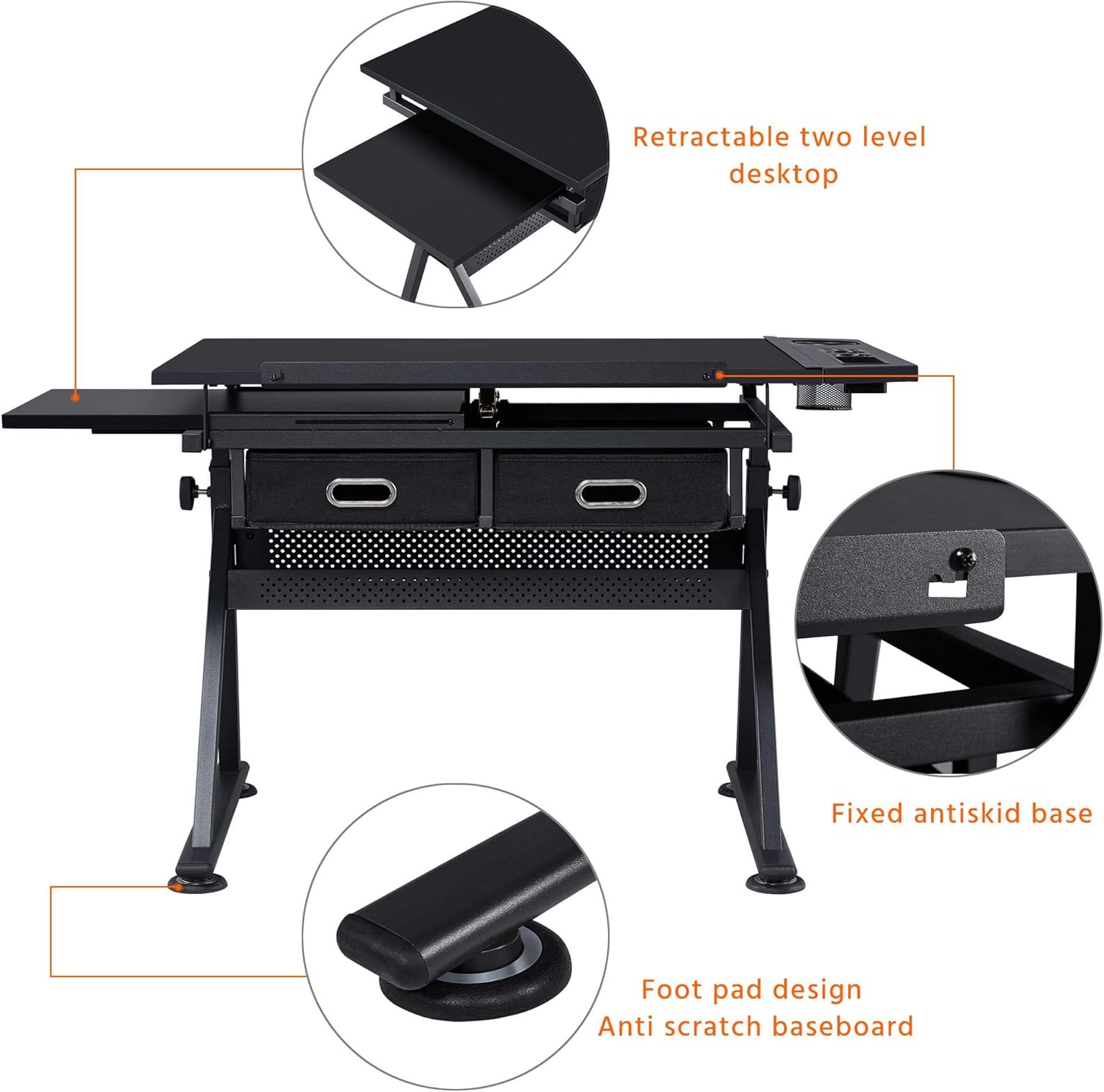 Yaheetech Art Craft Table Drawing Table Height Adjustable Drafting Desk Work Station with Tiltable Tabletop w/Stool and 2 Storage Drawers for Reading, Writing,Studying
