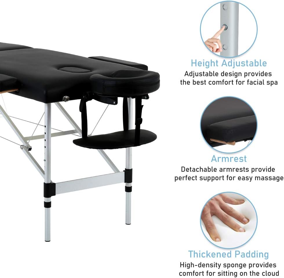 HHS Massage Table 73 Inch Aluminium Massage Bed Professional Folding Therapy Table Bed Height Adjustable Facial Salon Spa Tattoo Bed with Carry Case,Face Cradle,450LBS Capacity Salon Bed Black