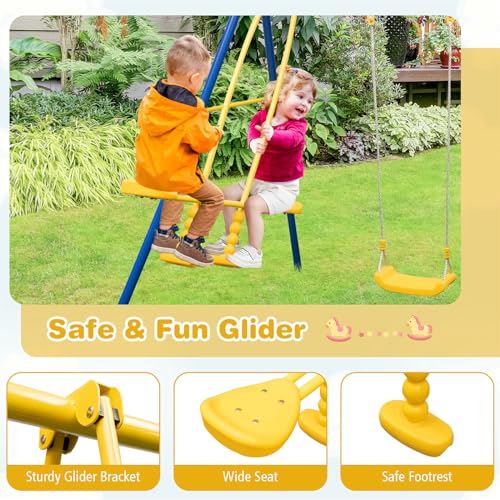 Costzon 440 lbs Swing Sets for Backyard, 3-in-1 Heavy Duty Extra Large Metal Swing Frame w/A-Shaped Stand, Swing, Glider, Gym Rings, Play Equipment for Indoor Outdoor Gifts Kids Toddlers