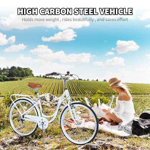 26 Inch Beach Cruiser Bike for Women, Womens Bicycles Hybrid Cruiser Bike with 7 Speed, Adjustable Seat, Lightweight Women Beach Cruiser Bike with Anti-Skid Tires, Front and RearV-Brakes