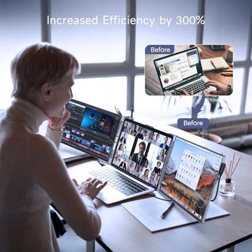 Oiiwak 16inch Triple Portable Monitor for Laptop, Aluminum Alloy 1200P Tri-Screen Monitor Extender with HDMI & USB-C Ports,Compatible with Mac & Windows 15-17.3" Laptop-OK16