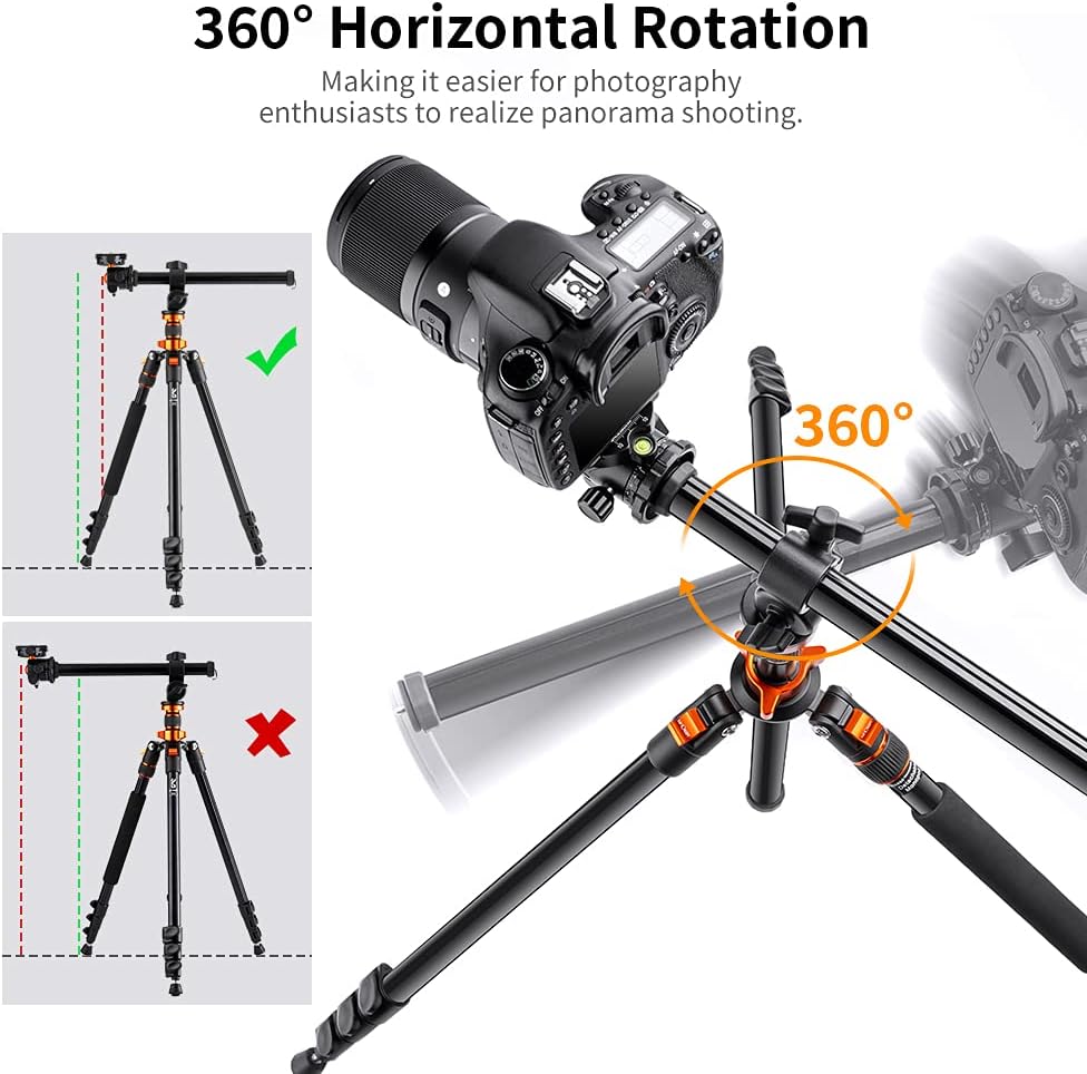 K&F Concept 78 inch DSLR Camera Tripods with Magnesium Alloy Rotatable Multi-Angle Center Column,Load Capacity up to 22lbs/10kg K234A7+BH-28L+Extension Arm Kits