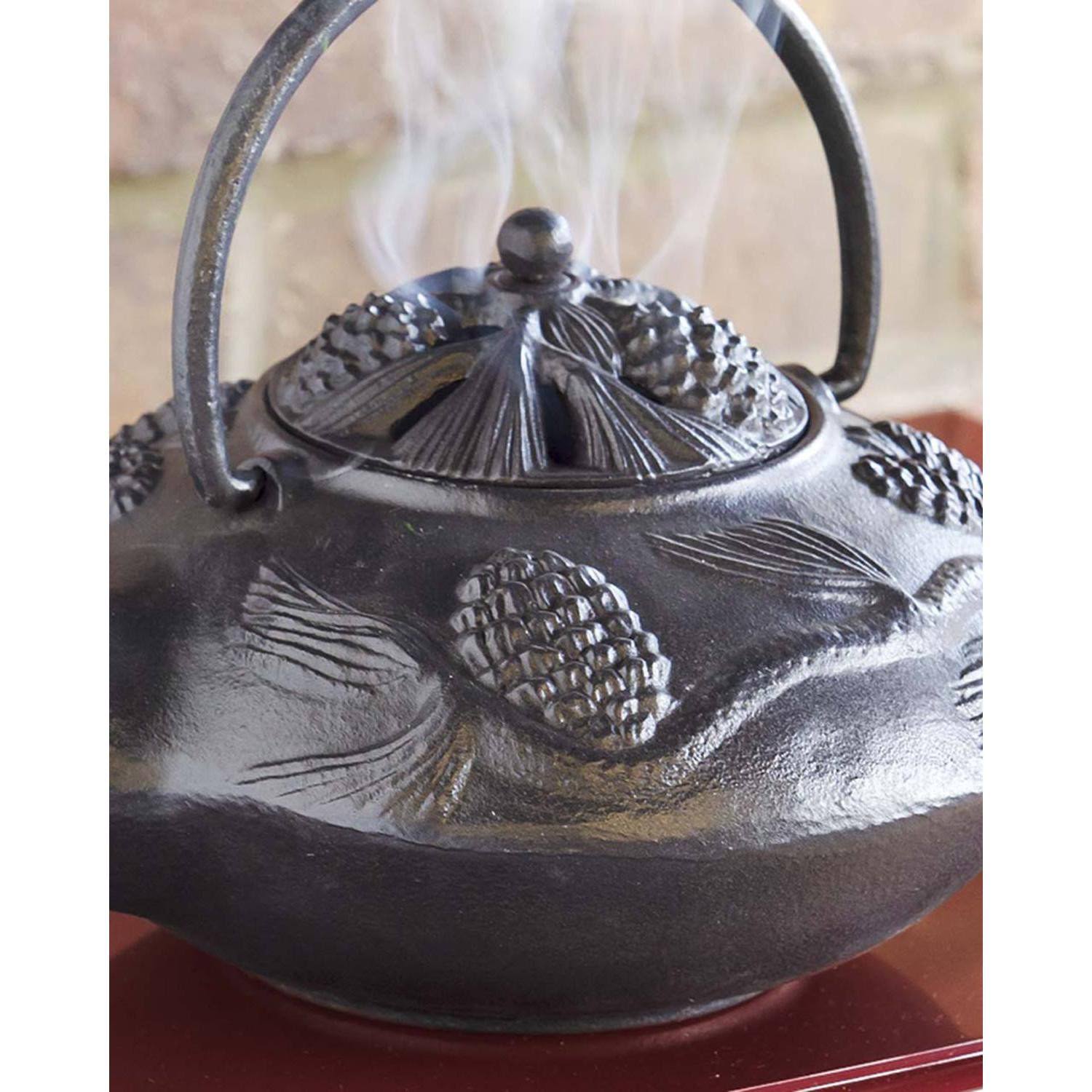 Cast Iron Wood Stove Kettle Steamer with Pine Cone Design, in Black