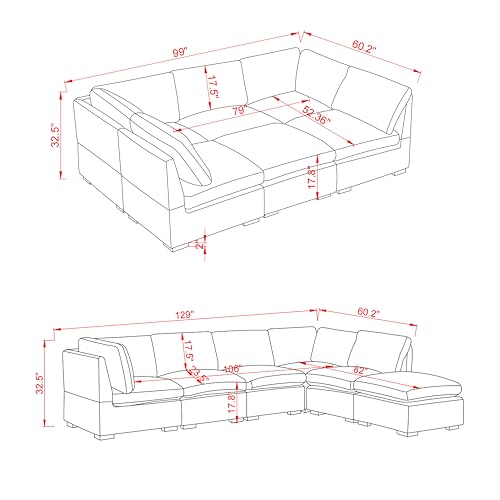 131" Oversized Modular 6 Seaters Cloud Sectional Sofa W/Reversible Chaises, Modern TV Couch L/U Shaped Free Combined Deep Seat Corner Sofa&Couch with Movable Ottoman Coffee Table for Living Room