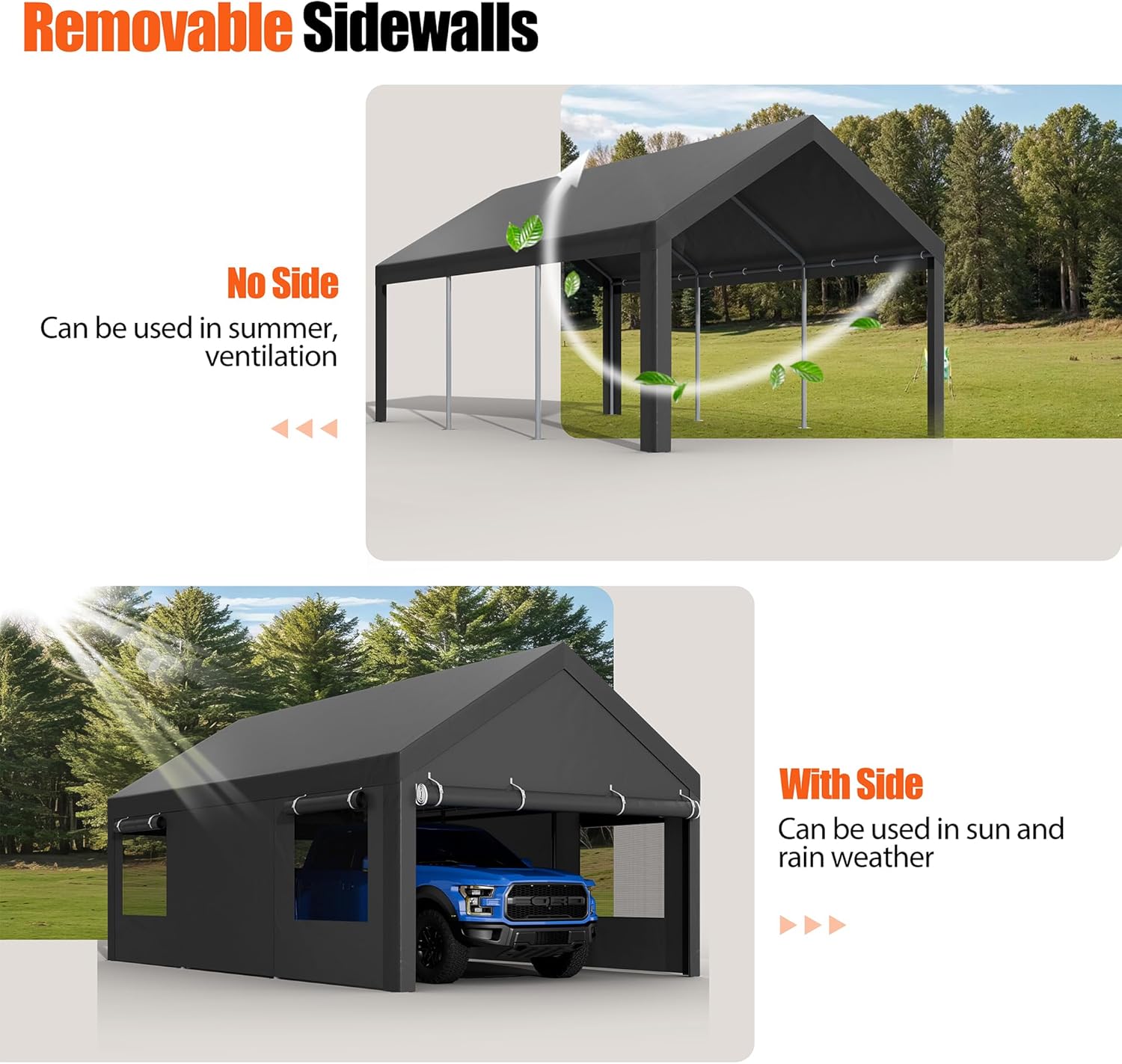 JAMFLY Carport, 10x18.5 ft Heavy Duty Car Canopy with Roll-up Windows, Portable Garage with Removable Sidewalls & Doors, Car Canopy with All-Season Tarp for Car, Truck, Boat