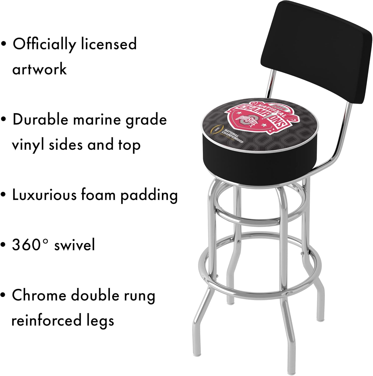 Bar Stool - Ohio State University National Champions Black Stool with Foam Padded Seat and Back - Swivel Chair for Game Room, Garage, or Home Bar by Trademark Gameroom