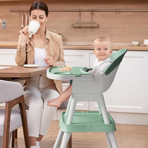 8 in 1 Baby High Chair,Convertible Highchair for Babies and Toddlers with Double Removable Dishwasher Tray,Safety Harness and Detachable PU Cushion,Grows with Baby