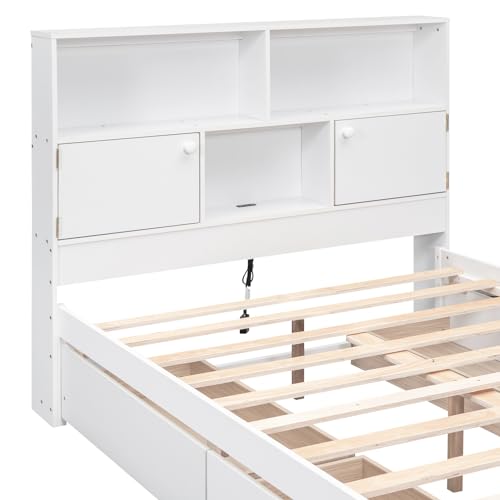 Bellemave Captain beds with Storage, Full Size Storage Bed with 4 Drawers and Storage headboard, Full Size Bed with Bookcase and USB, Full Bed for Kids, Boys, Girls, Teens Adults, White