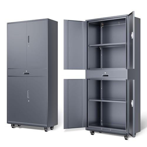 DNA MOTORING 71'' Metal Storage Cabinet, Locking Tool Cabinet with 1 Drawer and Adjustable Shelves, Lockable Heavy Duty Metal Locker for Garage,Office,Home,Gym, Gray, TOOLS-00629-GY-GY-A