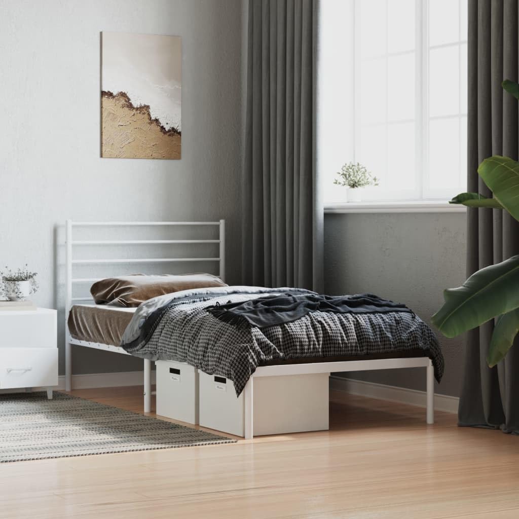 Asomie Indoor Fashion Furniture Beds Accessories Metal Bed Frame with Headboard White 39.4"x78.7"Bed Frames US Stock Fast Shipment White