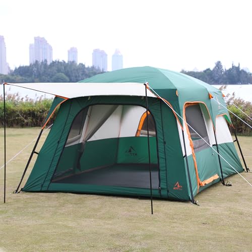 KTT Extra Large Tent 10-12-14 Person(Style-B),Family Cabin Tents,2 Rooms,3 Doors and 3 Windows with Mesh,Straight Wall,Waterproof,Double Layer,Big Tent for Outdoor,Picnic,Camping,Family Gathering
