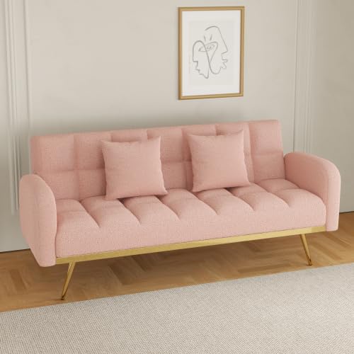 72'' Futon Sofa Couch Bed, Modern Convertible Loveseat Sleeper Sofa with 2 Cupholders Adjustable Backrest, Couches Love Seats for Small Spaces Living Room Office Bedroom (Green+New)