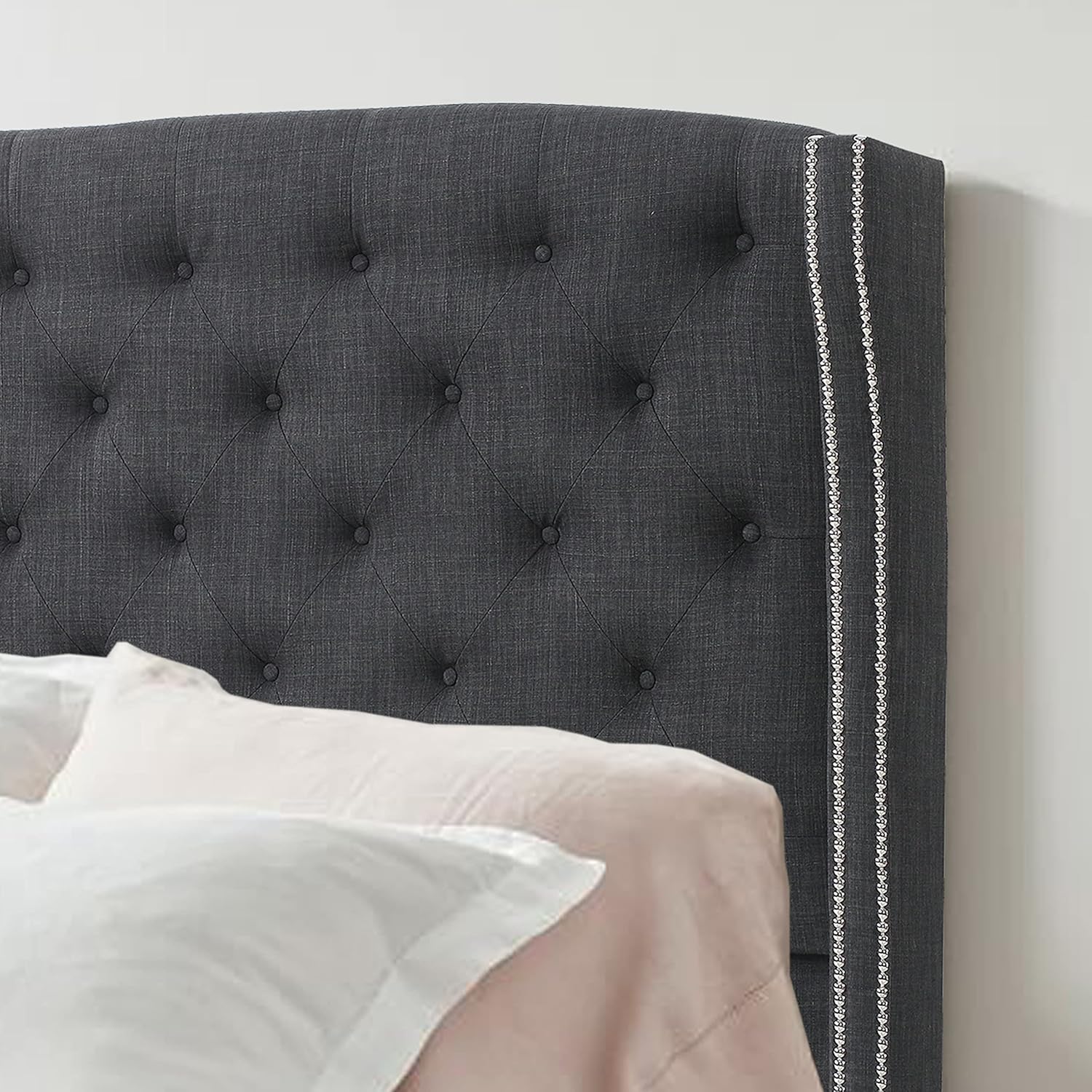 Rosevera Louis Linen Upholstered Wingback Headboard with Double Nailhead Trimming and Button Tufting for Bedroom, Full, Charcoal