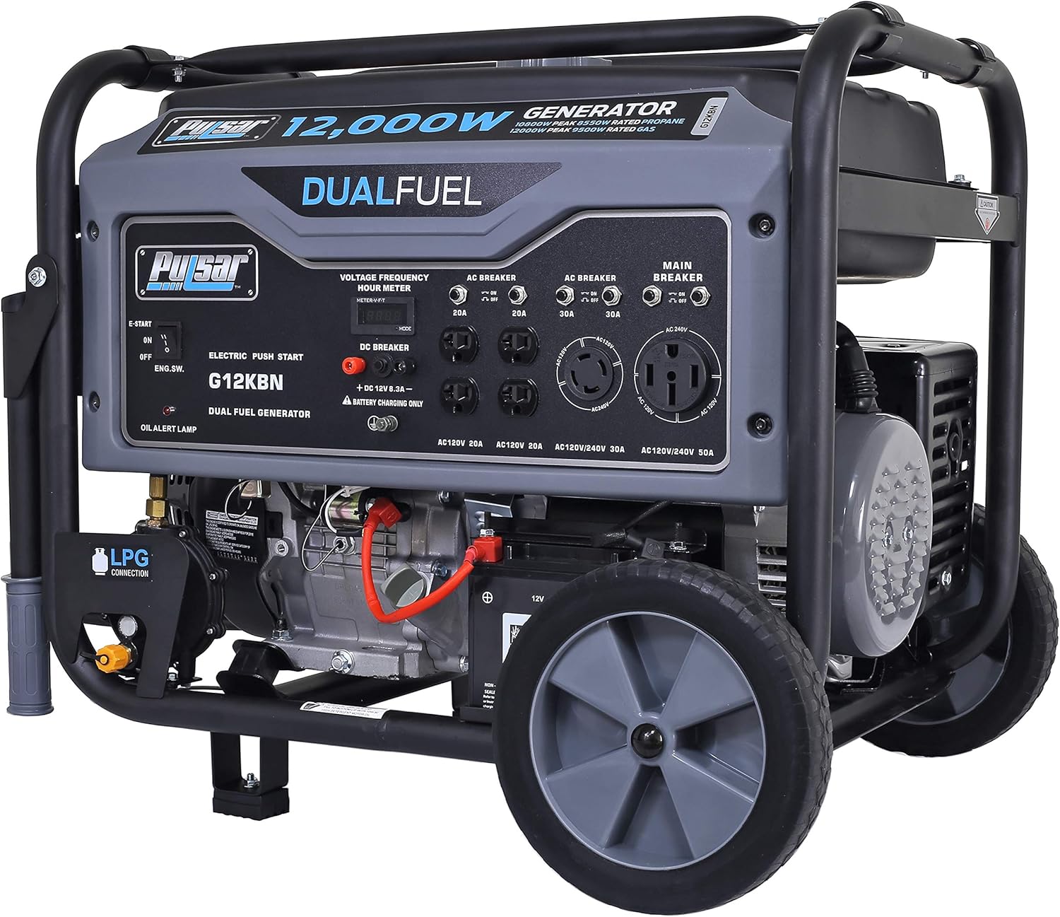 Pulsar G12KBN-SG Heavy Duty Portable Dual Fuel Generator - 9500 Rated Watts & 12000 Peak Watts - Gas & LPG - Electric Start - Transfer Switch & RV Ready - CARB Compliant