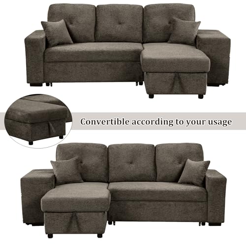 P PURLOVE Sectional Sofa with Pull-Out Sleeper Sofa Bed, Reversible Sectional Sofa with Storage Chaise and 2 Stools, L Shaped Couch Set for Living Room Apartment, Knox Charcoal