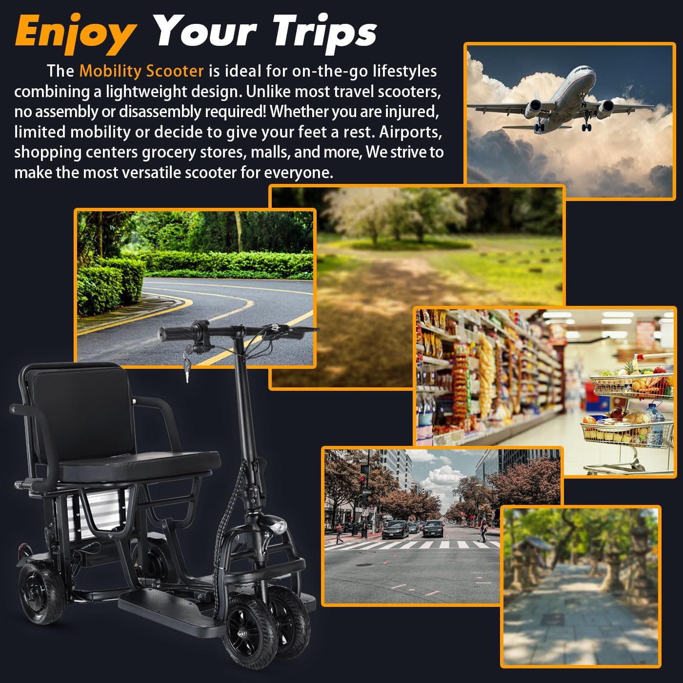 Folding Mobility Scooters for Adults, Dual Front Wheels, Airline Approved, Ultra Lightweight Folding Scooter, 20 Miles Electric Scooter with Seat for Adults