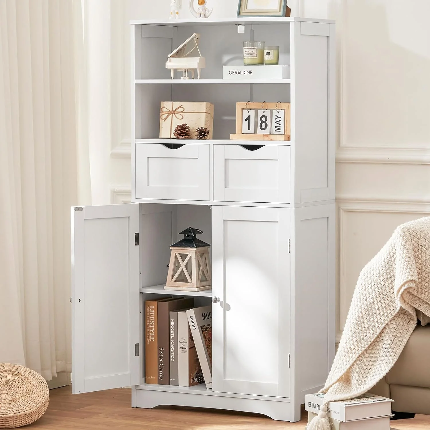 YINCHEN Tall Bathroom Cabinet, Storage Cabinet with 2 Drawers & Adjustable Shelves, Bathroom Floor Cabinet for Living Room, Bedroom, Entryway, White
