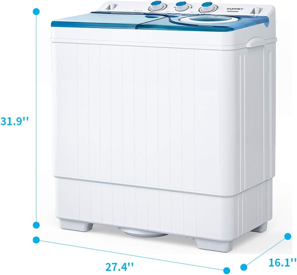 KUPPET Compact Twin Tub Portable Mini Washing Machine 26lbs Capacity, Washer(18lbs)&Spiner(8lbs)/Built-in Drain Pump/Semi-Automatic (White&Blue)