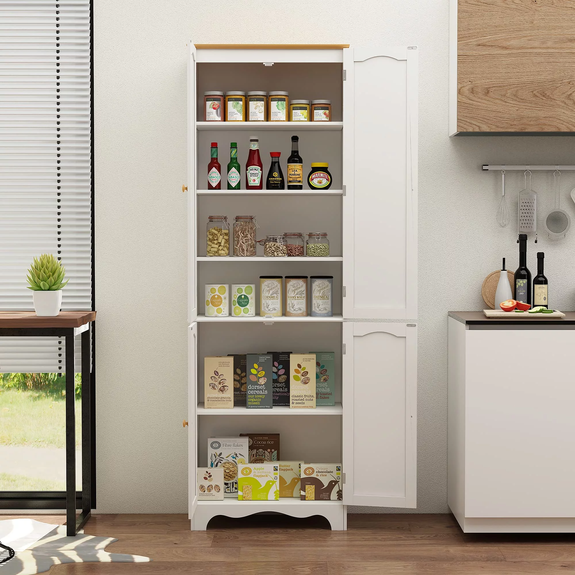 Yusong 72'' Tall Kitchen Pantry Cabinet, Farmhouse Storage Cabinet with 4 Doors and 2 Adjustable Shelf, Freestanding Wooden Cupboard Buffet for Home Dining Room Living Room Entryway, White and Honey