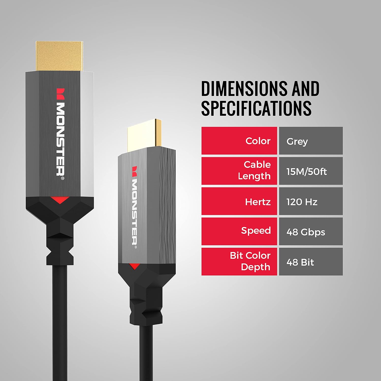 Monster Essentials HDMI 2.1-48 Gbps Active Optical Cable Featuring Aluminum Extrusion Connector - Supports 8K @ 60HZ, 4K @ 120HZ, Premium Certified, V-Grip, 15 Meters