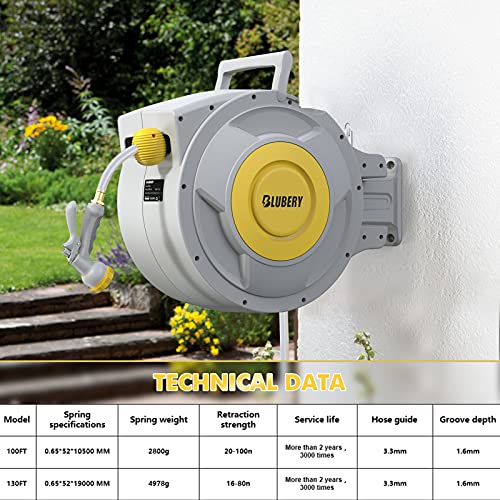 BLUBERY 5/8" x 100+6.7ft Retractable Garden Hose Reel, 39.3LB Super Heavy Duty, Any Length Lock, Slow Return System, Wide Handle, Wall Mounted and 180° Swivel Bracket, GHR01A