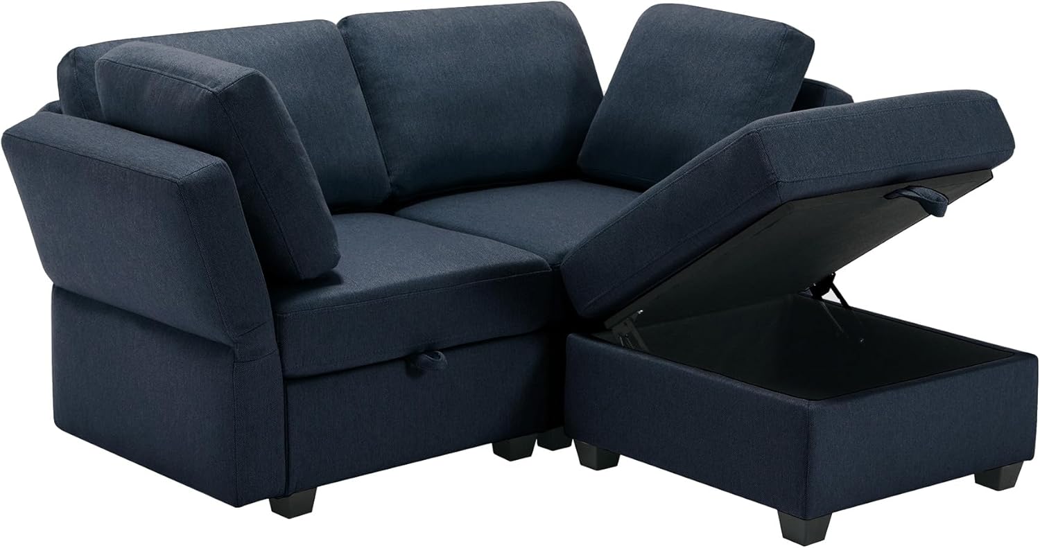 Space Saving Small Sectional Sofa with Ottoman, 2 Seater Sofa with 1 Ottoman, All Seats and Ottomans with Storage Function - Blue