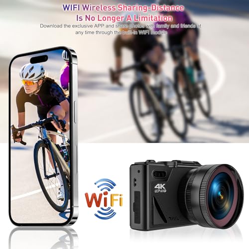 4K Digital Camera for Photography, WiFi UHD Autofocus 64MP Vlogging Camera for YouTube with Super Wide-Angle Lens, 3" 180° Flip Screen, 18X Digital Zoom with 32GB SD Card, 2 Batteries, Black