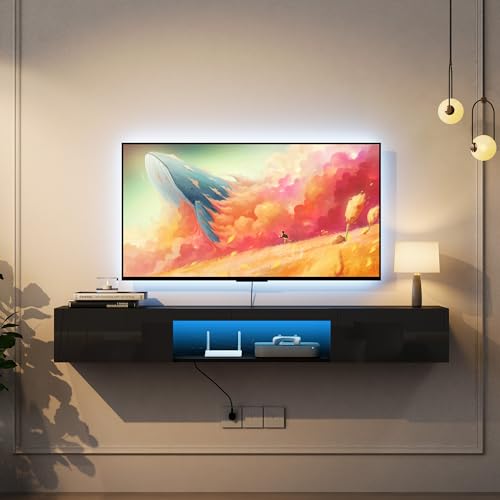 65" Floating TV Stand Wall Mounted, Floating TV Stand with LED Lights, TV Cabinet with Storage Entertainment Center up to Television 65" for Bedroom Living Room (Black, 65")