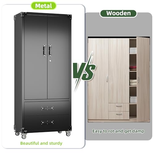 Aobabo 71" H×34" W×18" D Garage Metal Storage Cabinet with Wheels, Locking Steel Storage Cabinet with 5 Shelves and 4 Hooks, for Home Office, School, Assembly Required, Black Silver