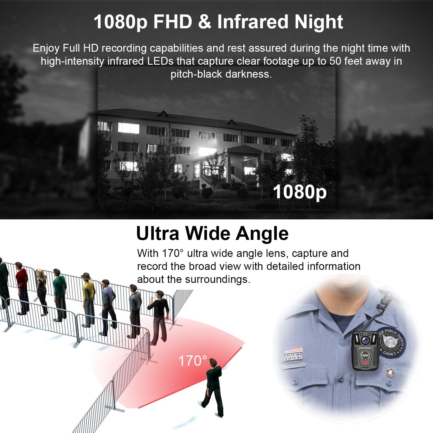 Rexing P1 Body Worn Camera, 2” Display 1080p Full HD, 64G Memory,Record Video, Audio & Pictures,Infrared Night Vision,Police Panic Mode, 3000 mAh Battery,10HR Battery Life,Waterproof,Shockproof