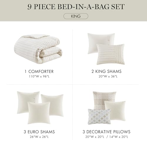 Madison Park King Comforter Set Clipped Jacquard Stripes with Buttons Boho Comforter for a King-Size Bed, Cotton Oversized Comforters with Removable Cover Boho Bedding, King Ivory 9 Piece
