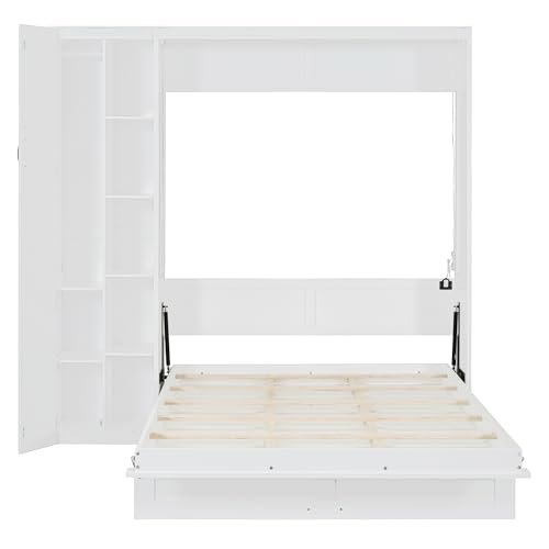 Harper & Bright Designs Queen Size Murphy Bed Wall Bed with Storage Shelves, Wardrobe and LED Lights, Space-Saving for Multipurpose Guest Room or Home Office, Gray