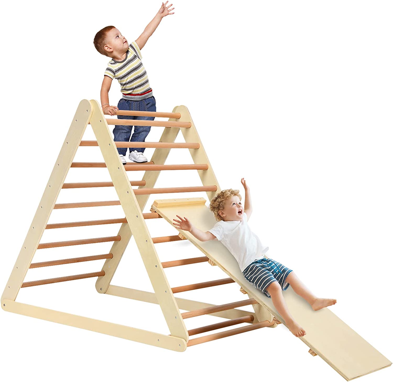 Triangle Climber with Tent, Kids Hideaway Play Tent & Rock Wall Climbing, Waterproof Tent Cover for Indoor Outdoor, Ring Bell, Wooden Climbing Triangle Crawling Tunnel Toy for Toddlers