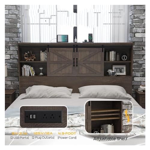 King Size Wood Platform Bed Frame with 51.2"" Bookcase Headboard, Storage Bed with Sliding Barn Door Charging Station 2 Drawers,Modern Style, xx-921