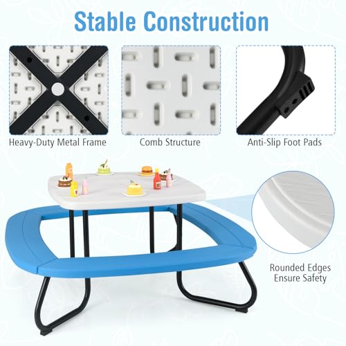 KOTEK 8-Person Kids Picnic Table, Toddler Activity Table with Removable Umbrella, 4 Built-in Benches, HDPE Top & Metal Frame, Kids Outdoor Table for Patio Garden Backyard (Blue+Red)