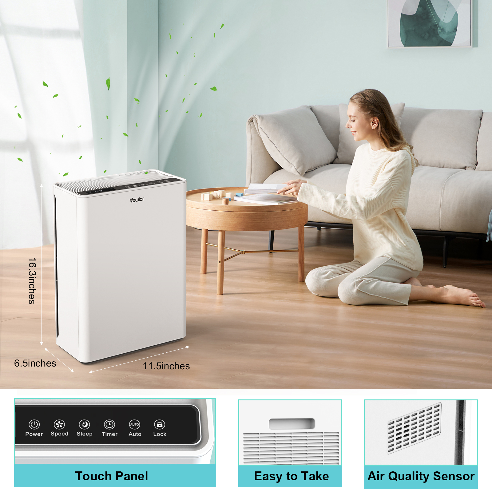 VEWIOR Air Purifiers Large Room up to 1730 Sq.Ft, H13 HEPA Air Cleaner for Pets Dander Smoke Pollen