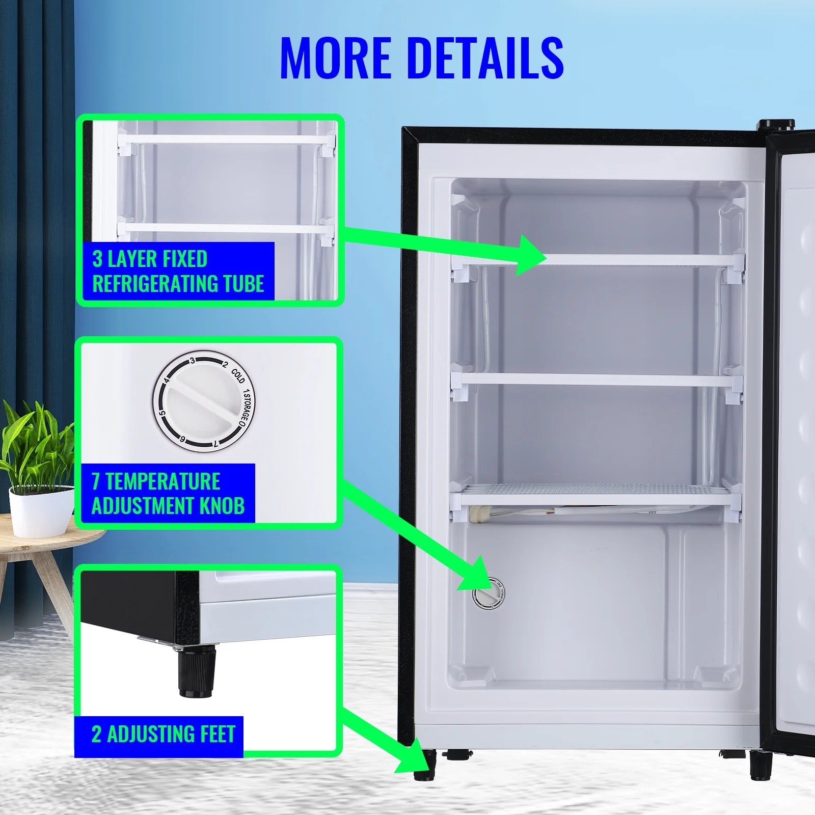 DEMULLER Single Door Compact Freezer with 7 Adjustable Temp Control, Silver 3.2 Cu.Ft Upright Freezer
