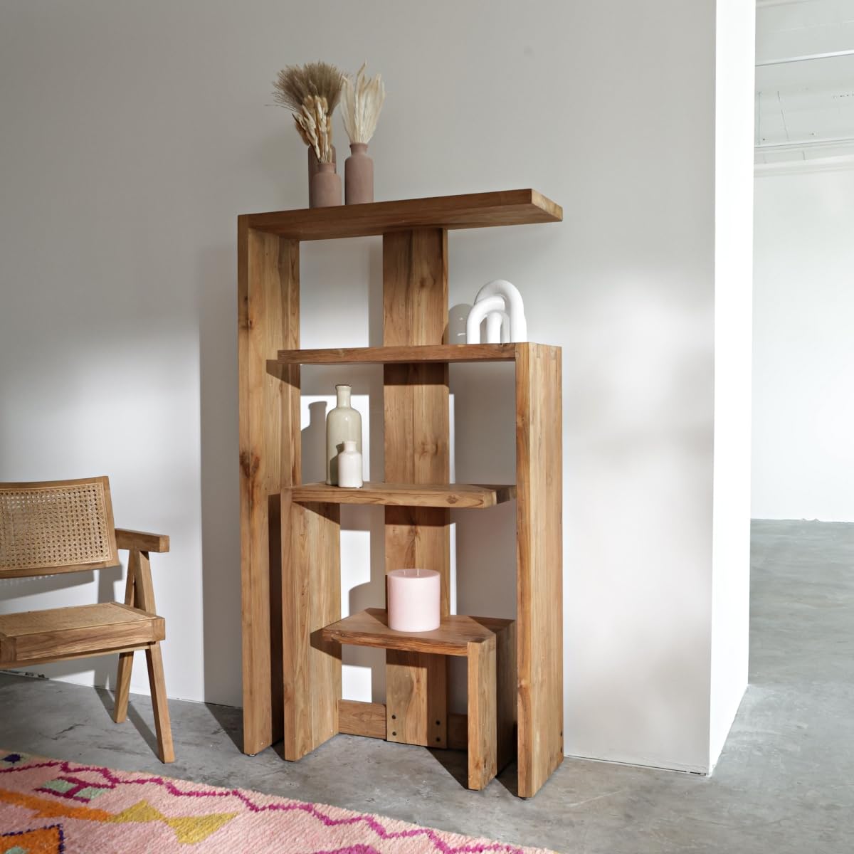 Handcrafted Solid Teakwood Bookshelf | FSC Certified Reclaimed Wood | Organic Natural Finish | Rustic Level 1 Low Distressed | 35.4" W x 11.8" D x 63" H | 130 lbs