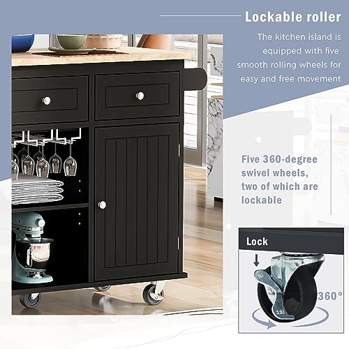 Kitchen Island with Storage, Island Table on Wheels with Drop Leaf, Power Outlet, Large Storage Cabinet, 2 Drawers, Wine Rack, Spice Rack, Portable Trolley Cart for Dining Room (White)