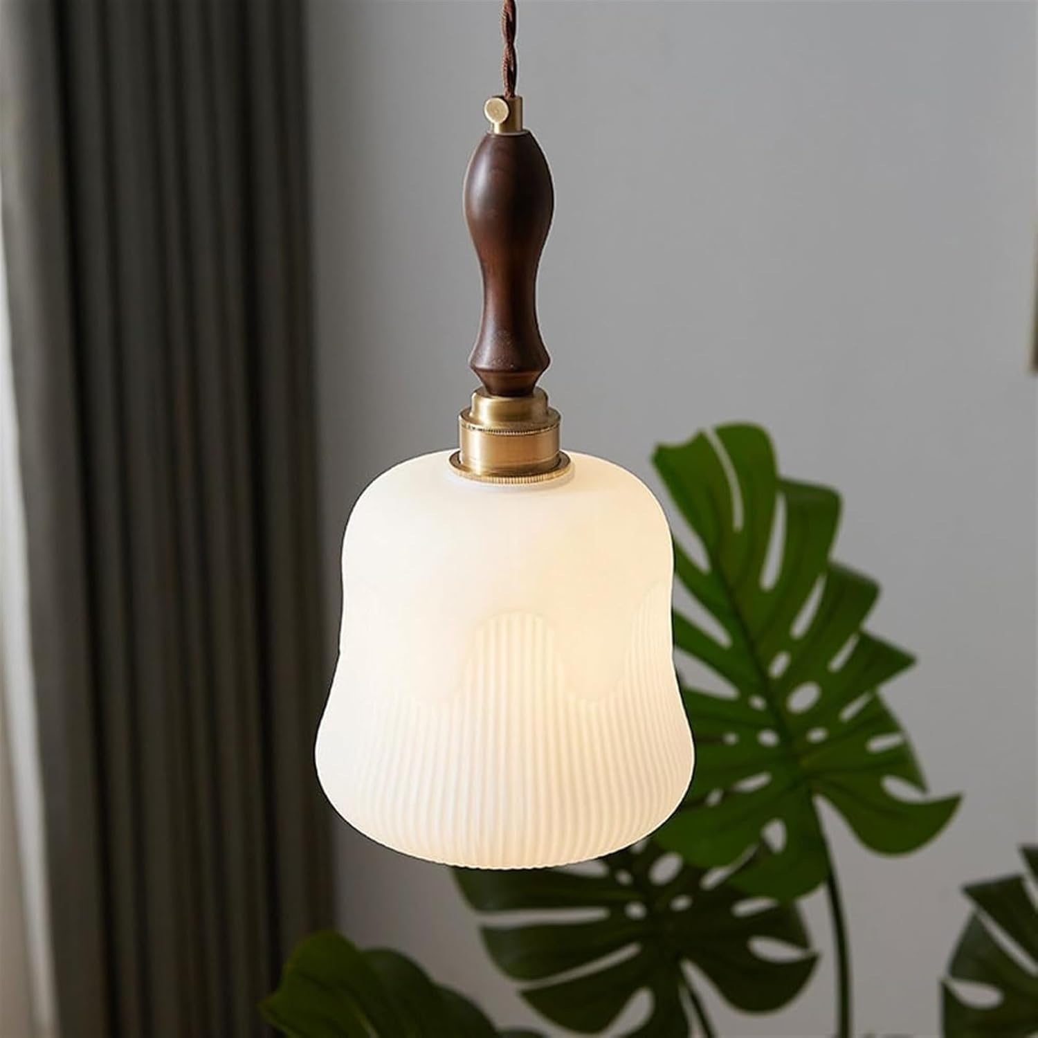 Minimalist Styling Cream Glass Shade Hanging Light Fixtures,.European Style Brass Rustproof BodyPendant Lamp.Adjustable Rope Indoor Chandelier.for Living Room, BedroomCeiling Hanging Light