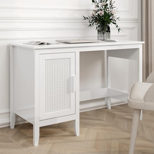 47" Executive Desk,Farmhouse Computer Desk with Drawers and Cabinet，Wood Home Office Desk，Rattan Wicker Desk for Bedroom, White