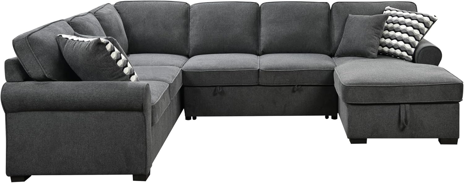 Ball & Cast 117" Sofa Bed with Storage Chaise,U Shaped Corner Convertible Sleeper Sectional Couch W/ 4 Throw Pillows & Removable Backrest Cushions,for Living Room,Apartment,Dark Gray