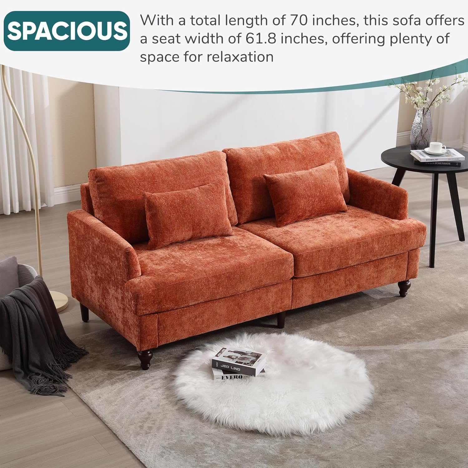 JOYBASE 70 inch Loveseat Sofa, Mid-Century Modern Love Seat Couch with Wood Legs, Upholstered Comfy Sofa for Living Room, Apartment, Office, Bedroom (Burnt Orange, Chenille)