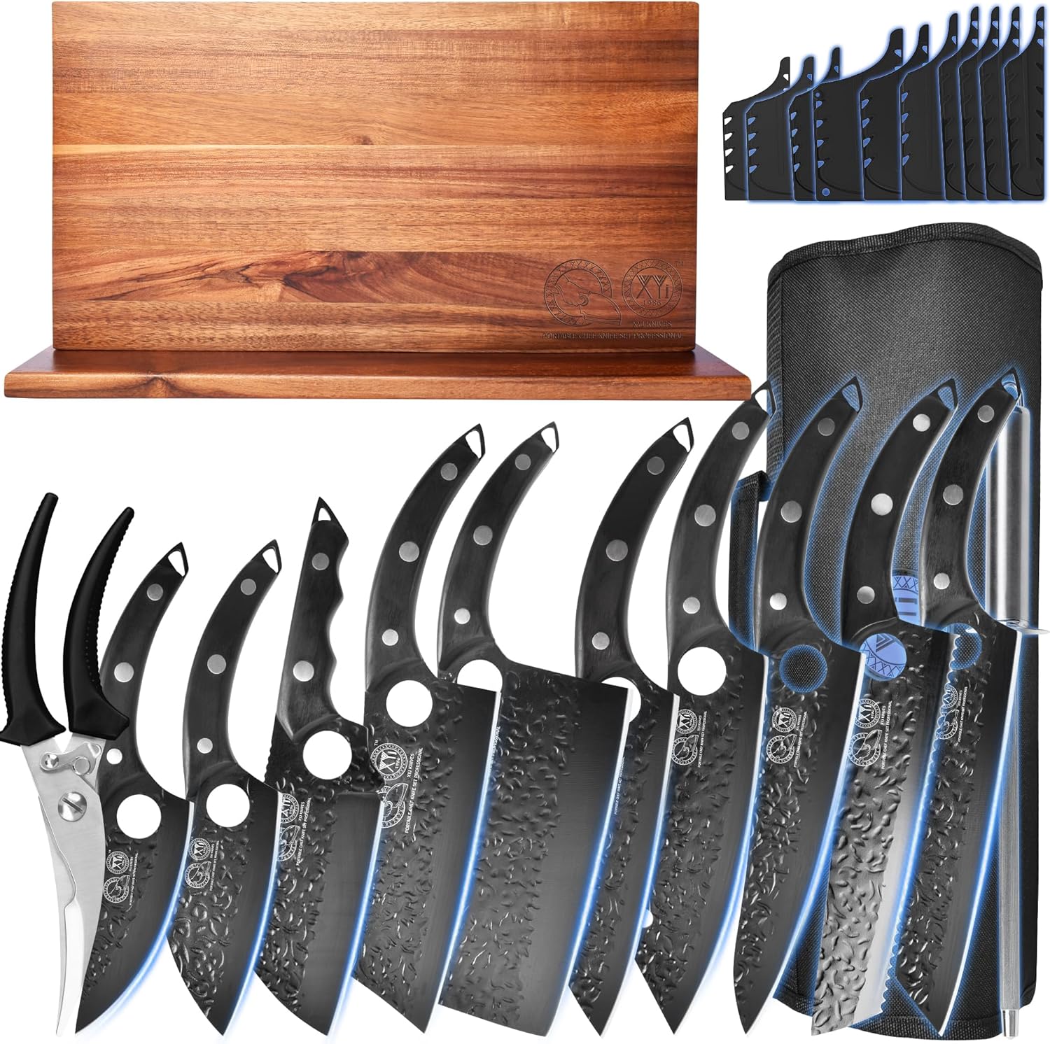 XYJ 10 Pieces Knives Set With Magnetic Knife Block, Bag, Kitchen Knife Set, High Carbon Steel, Full Tang, Black